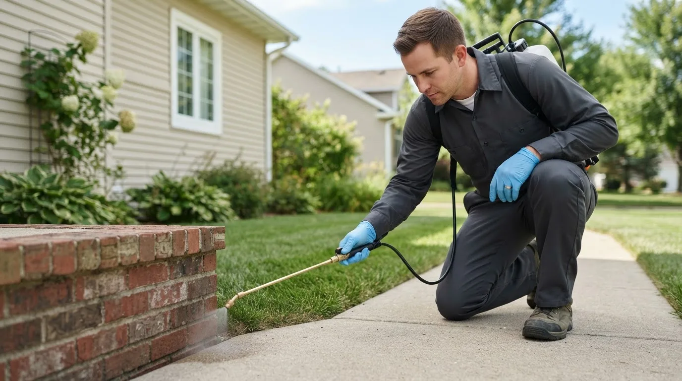 Pest control technician treating a home near Braidwood, IL